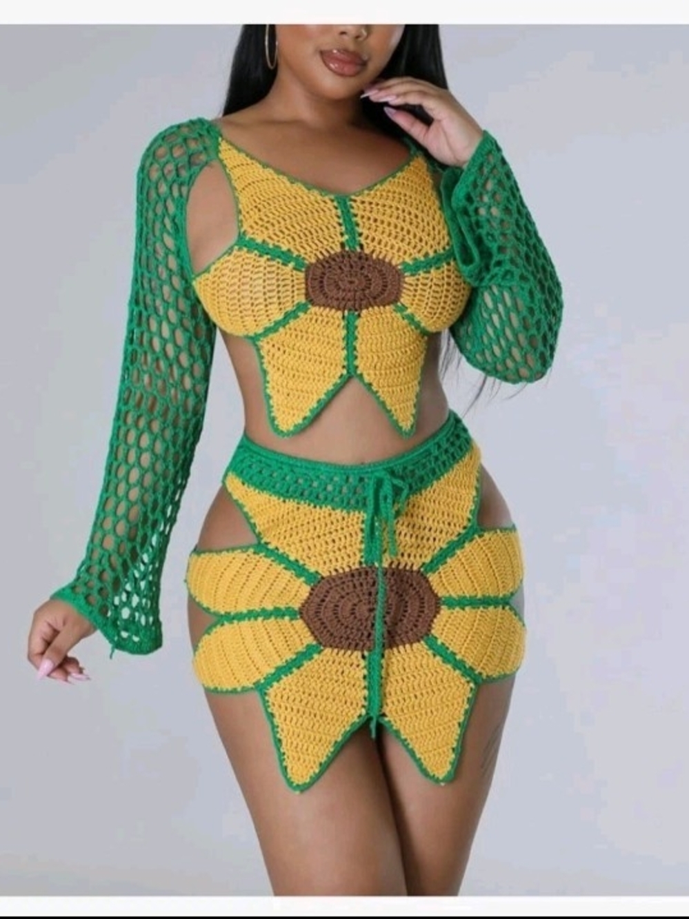 NWOT Yellow And Green Long Sleeve Knitted Crochet Sunflower Two-Piece Set - XL